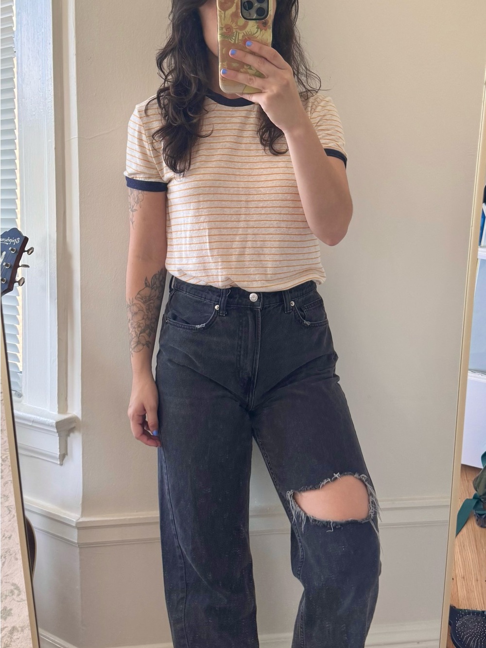 Treasure & Bond Off-White Gold Yellow and Navy Striped Preppy Ringer Tee - Picture 6 of 6